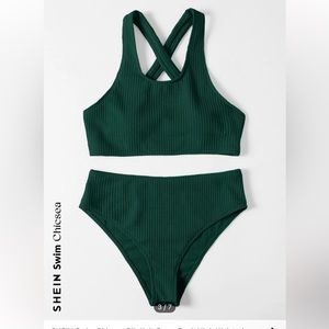 SHEIN Swim Chicsea Rib Knit Cross Back High Waisted Bikini Swimsuit